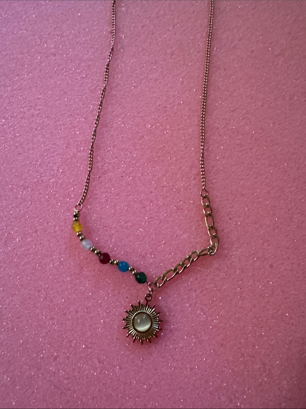 Gold Sun Pendant Necklace with Multicolor Beads